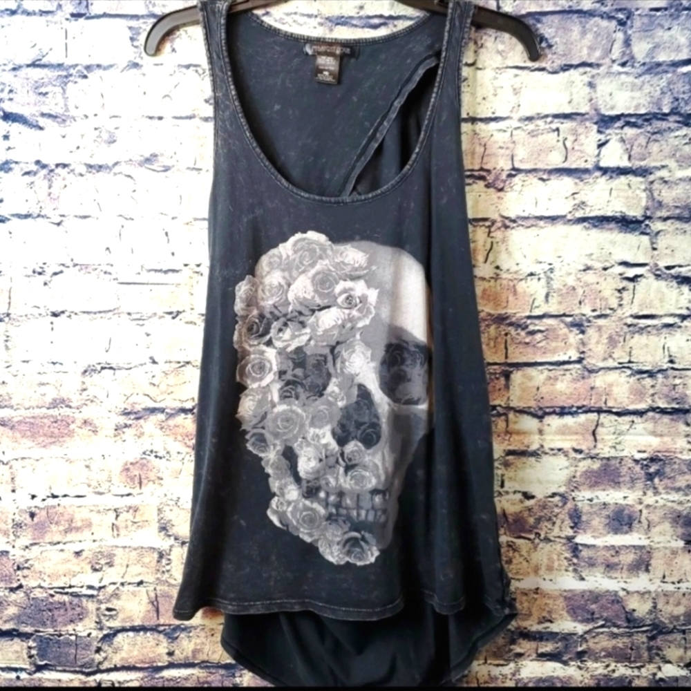 Midnight Hour Distressed Gray Skull Roses Print Exposed Back Tank Top Size M